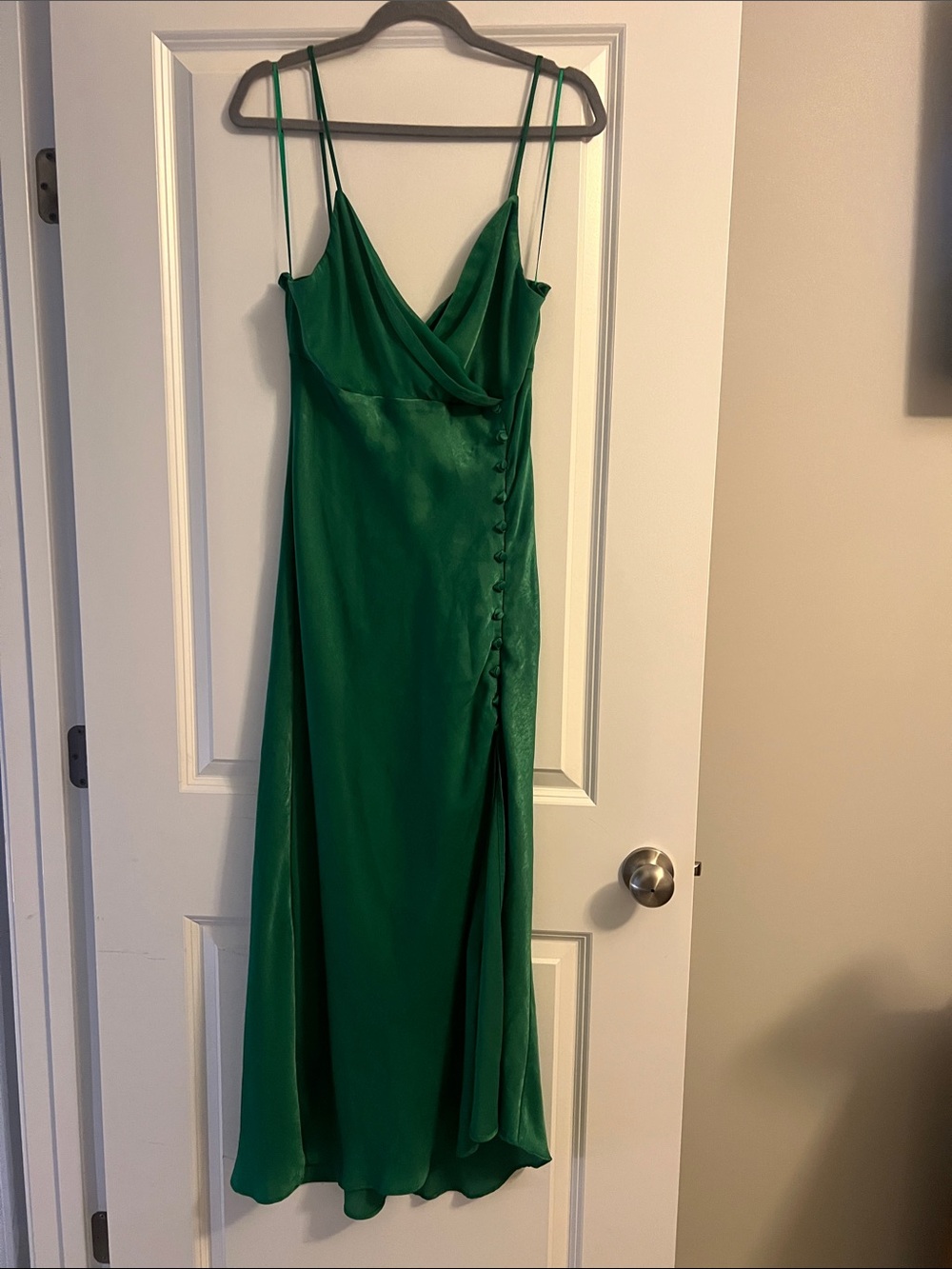 Zara Green Satin Midi Slip Dress with Side Covered Buttons
